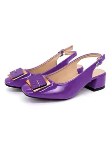 Women's 1.96-Inch Purple Low Heels (5cm), Faux Leather Mules with Square Buckle Toe Detail, Open Back Design for Summer Breathability, Ideal for Casual Office, Daily Commute, Summer Collection, Comfortable Heels for All-Day Wear, Casual Trendy Sandals