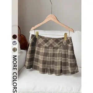 Women's Retro Pleated Skirt, Y2k Mini Skirt High Waist Anti-Exposure Classic Plaid Pattern for School & Daily Wear