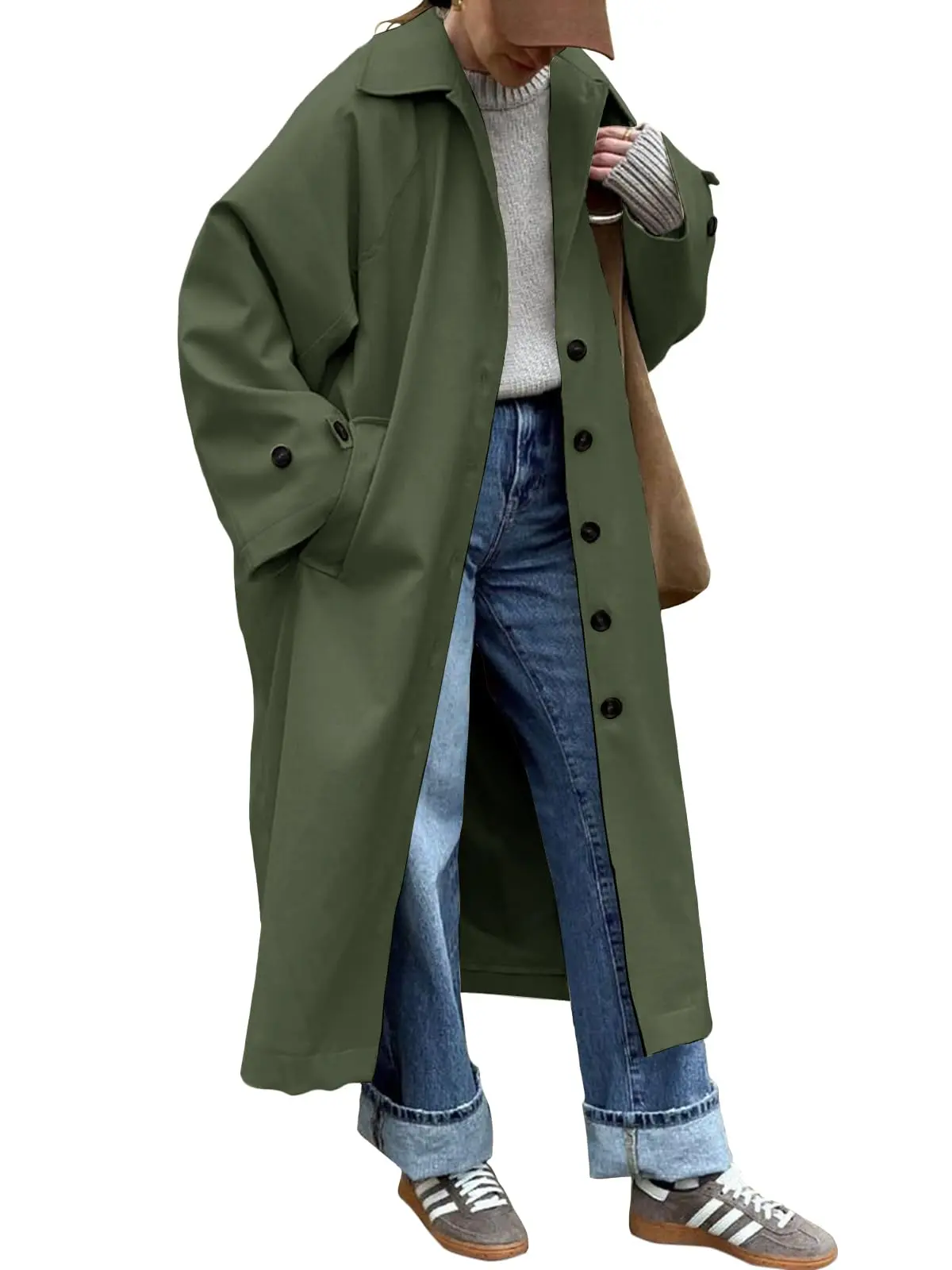 Lannew Womens Long Trench Coat Single Breasted Oversized Windproof Classic Lapel Fall Overcoat