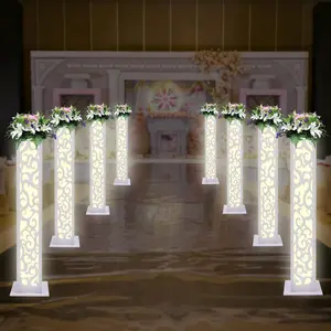 8PCS Wedding Flower Column with 3-Color LED Lights, 47 Inch White PVC Carved Pillars Decoration Flower Stand Roman Wedding Columns for Wedding Party Christmas Birthday Home Decoration Ornaments