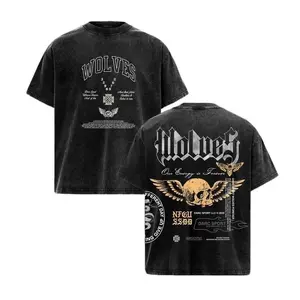 DarcSports Wolves Skull Graphic Tee - Streetwear Oversized Washed T-Shirt - Lightweight Cotton - For Men Women Unisex