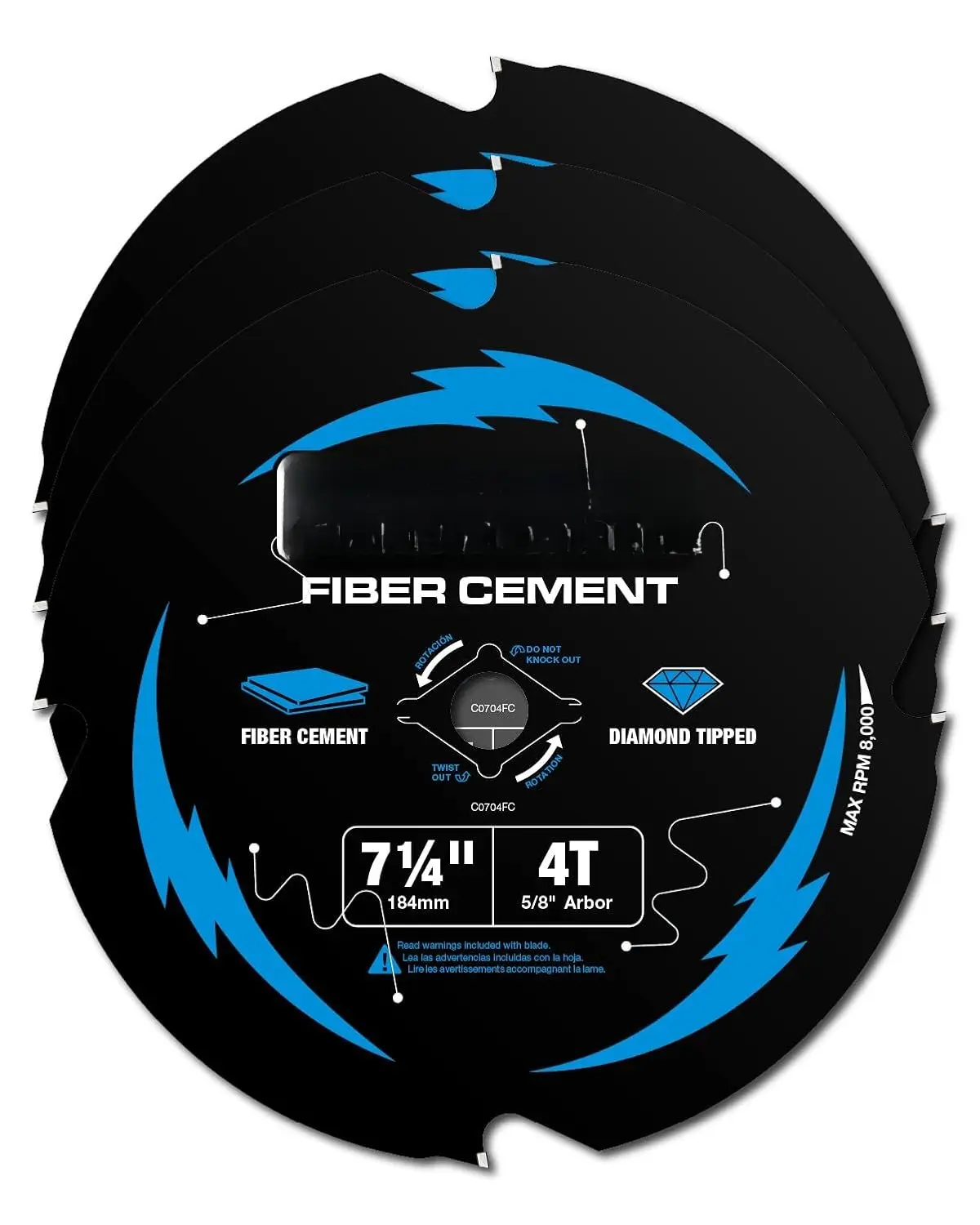 7-1/4 Inch 4  Hardie Fiber Cement Circular  , 5/8 Inch Arbor, Polycrystalline  Tipped (PCD), Thin Kerf, Black Ice Coating, for Laminate Flooring, 3-Pack(C0704FC-3)