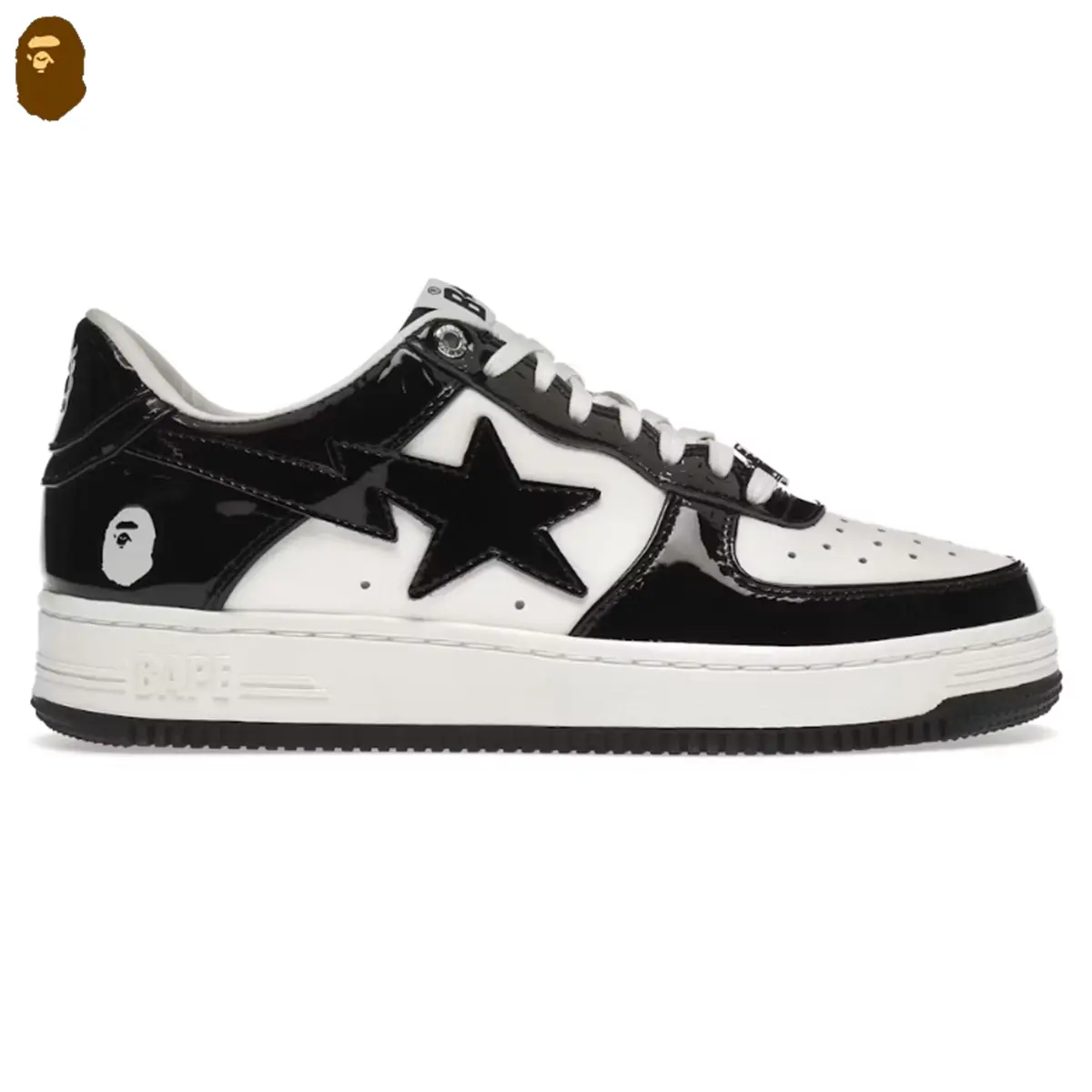 A Bathing Ape Bape Sta Low Black Patent Leather Sneakers Low Top Casual Luxury Streetwear Skate Shoes for Men Women Footwear Unisex Youth Athletic Gym