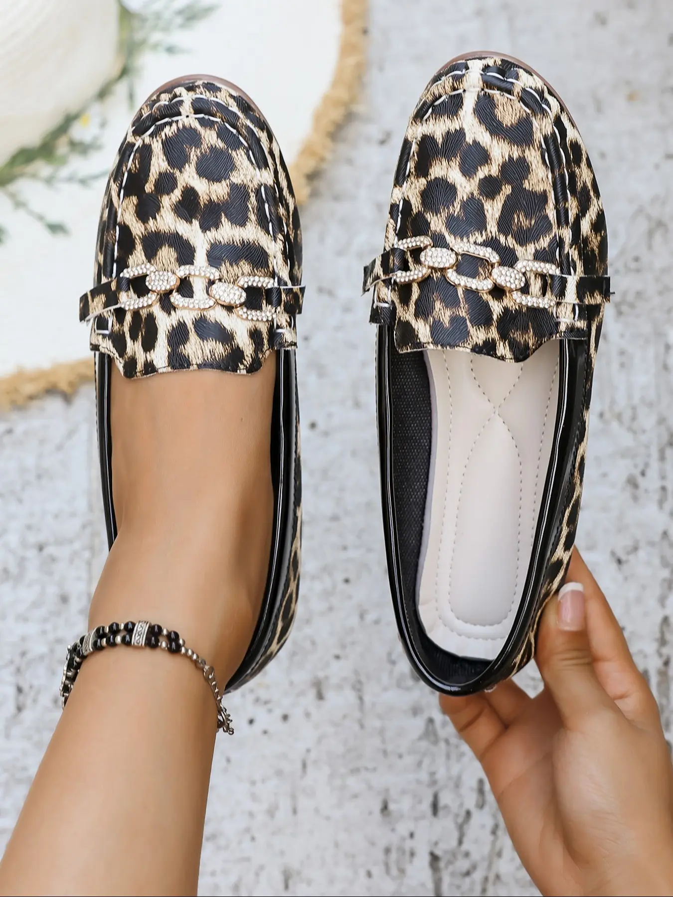 Women's Fashion PU Loafers, Leopard & Zebra Print Design, Metal Chain Decor, Comfortable Slip-On Work Shoes, Low Heel Casual Footwear