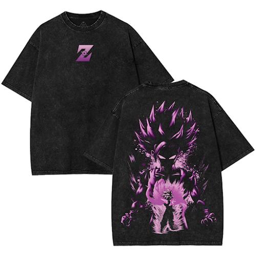 Super Z Gohan Vintage DGB Anime Oversized Print Washed Graphic Tee, Retro Y2K Double-Sided Printed Oversize Anime Manga Acid Wash Graphic T-Shirt, Unisex Fit Casual Cotton Streetwear Otaku Tshirt, Gift For Fan Anime Lover Top Merch