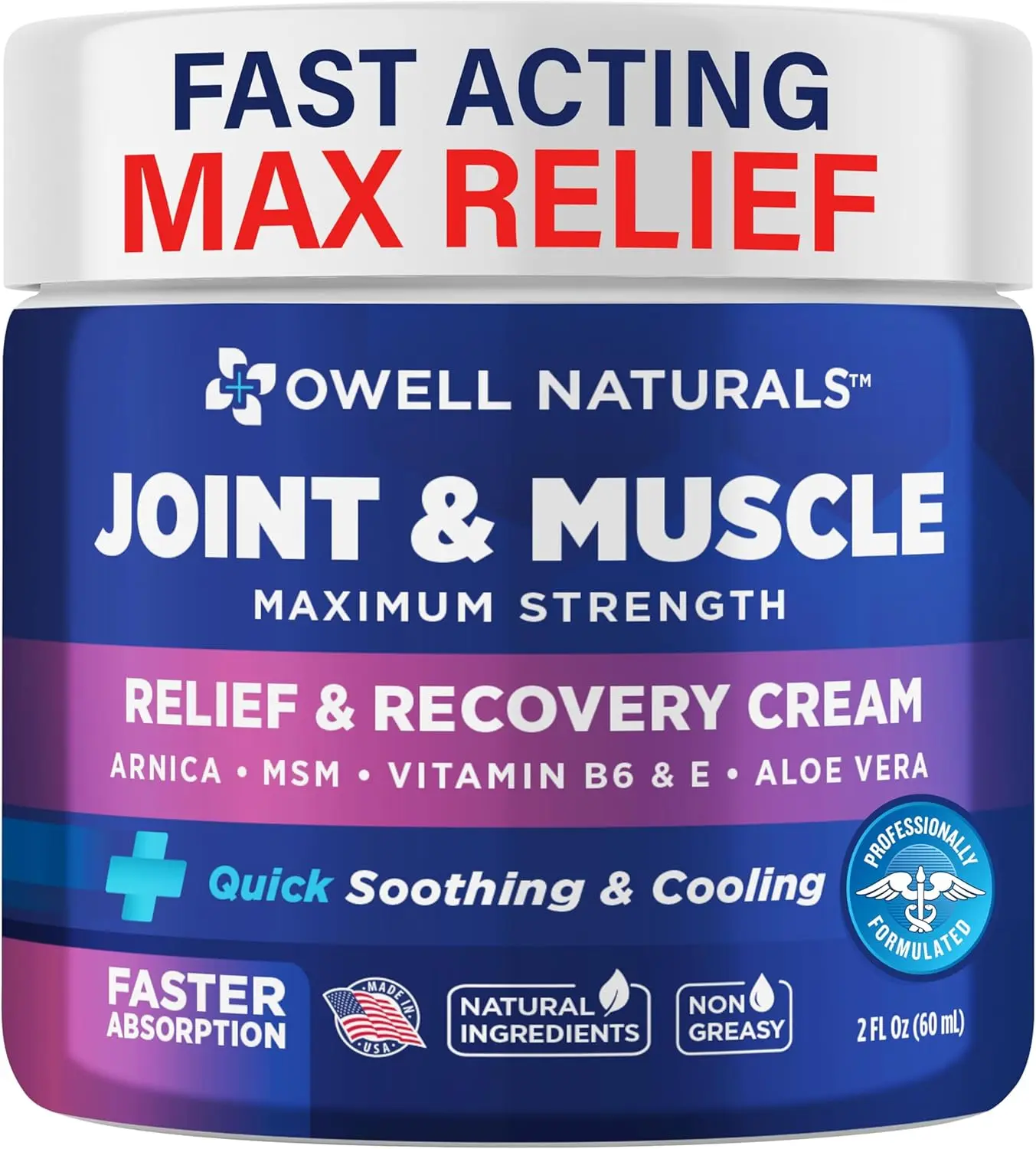 OWELL Naturals Cooling Body Cream with Arnica & Aloe Vera – Lightweight Moisturizing Comfort Formula for Dry Skin, Non-Greasy, 2 Oz