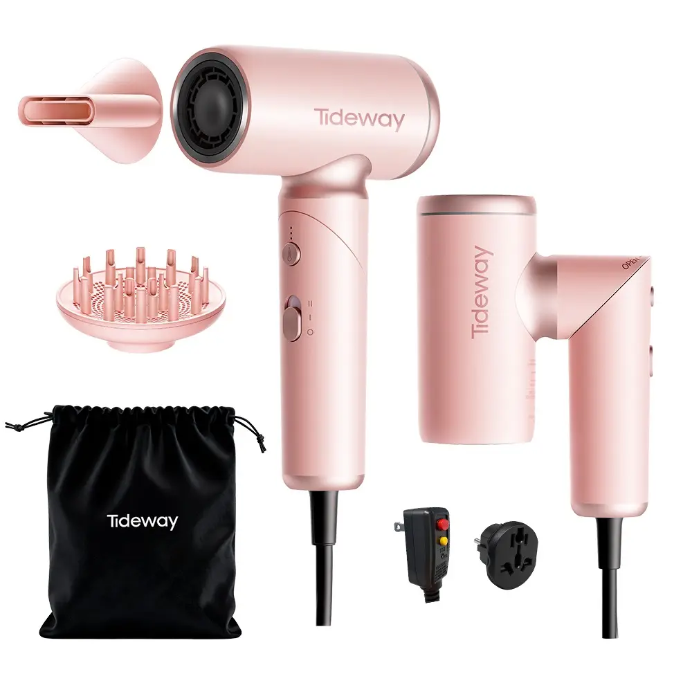 Tideway PocketVolt Foldable Mini High-Speed Hair Dryer, Ionic Tech Fast Blow Dryer, Portable International Travel Compact Hair Blower w/ Magnetic Diffuser, Dual Voltage (100-240V) , Perfect Present for Man Woman Family Gift