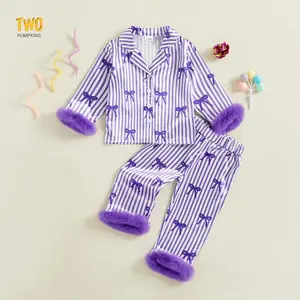 Toddler Baby Girl Mardi Gras Silk Pajamas Set Feather Trim Button Down Shirts Tops Pants Masks Satin 2PCS Pj Set
