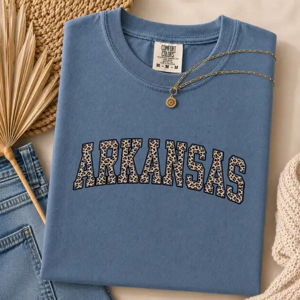 Arkansas Leopard Print T-Shirt, Unisex Seamless Short Sleeve Graphic Tee, Comfortable Cotton Spandex Southern Travel Souvenir, Shortsleeve, Tshirt, Sweatshirts, Cute, Aesthetic, Fabric, Casual, Matching