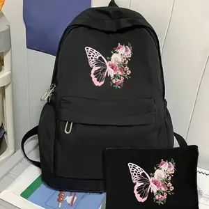 Butterfly Print Large Backpack for Girls, Fashion Teenager Bag, School and University Use, School Backpacks, Trendy Backpack, Classic Long Zipper Wallet