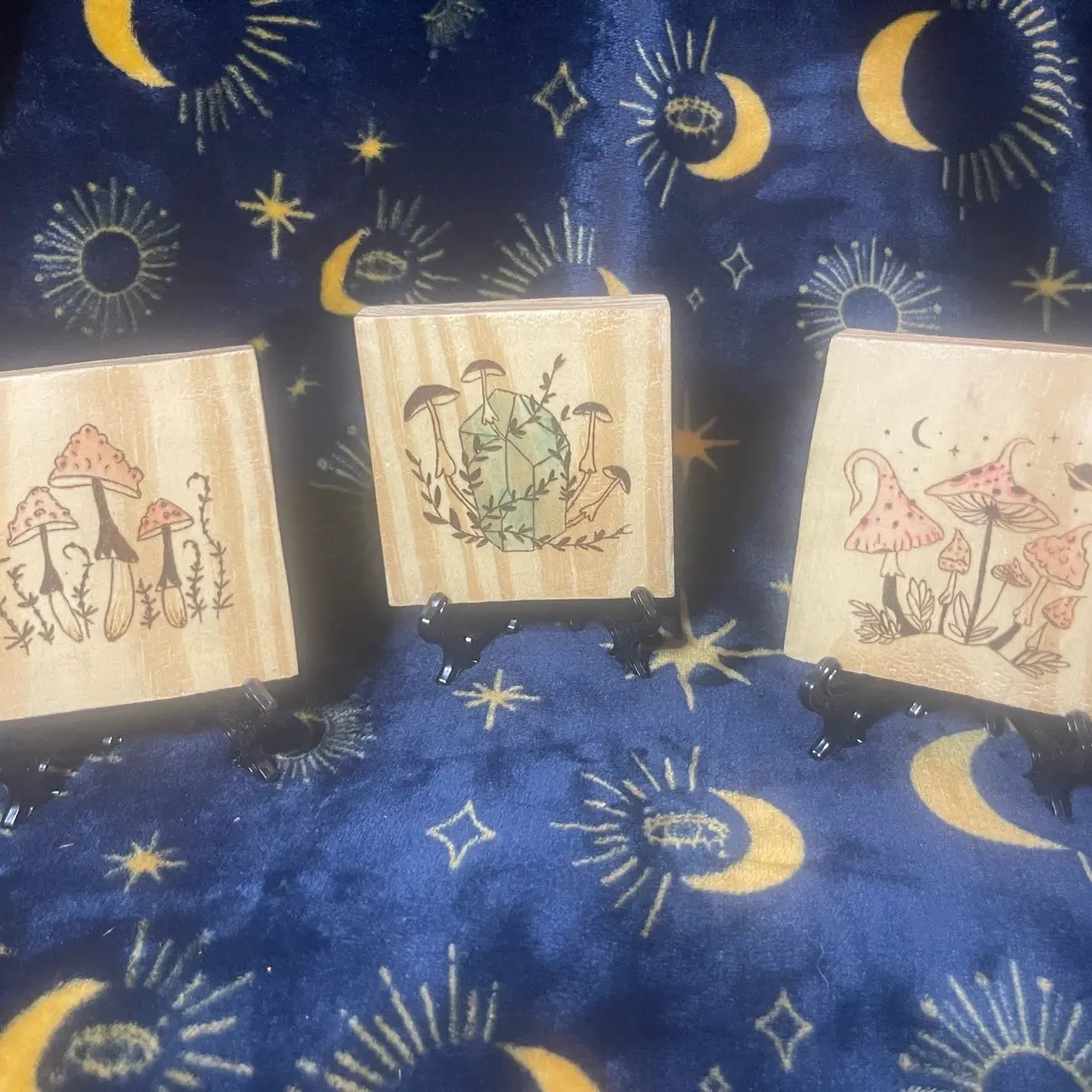 Magical mushroom coasters Pyrography