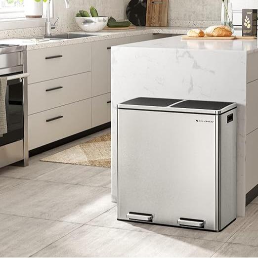 SONGMICS Stainless Steel Trash Can Garage Can Multi-Compartment Plastic Inner Buckets and Hinged Lids Soft Closure Kitchen