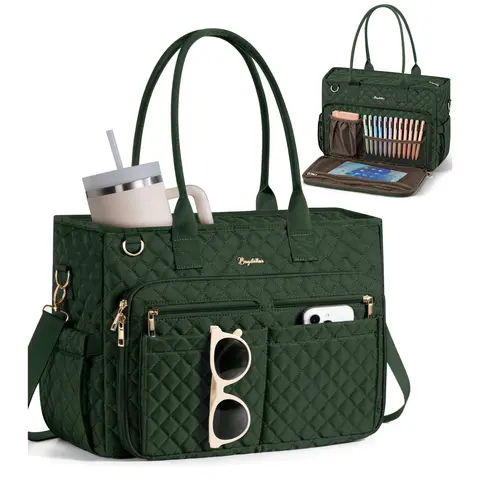 Bagstellar Women's Teacher Tote Bag - 15.6in Waterproof Quilted Multifunctional Portable Work Bag with Top Handle, Zip, Large Cup Holder, Insulated Pocket, Shoulder Crossbody for Women Gifts