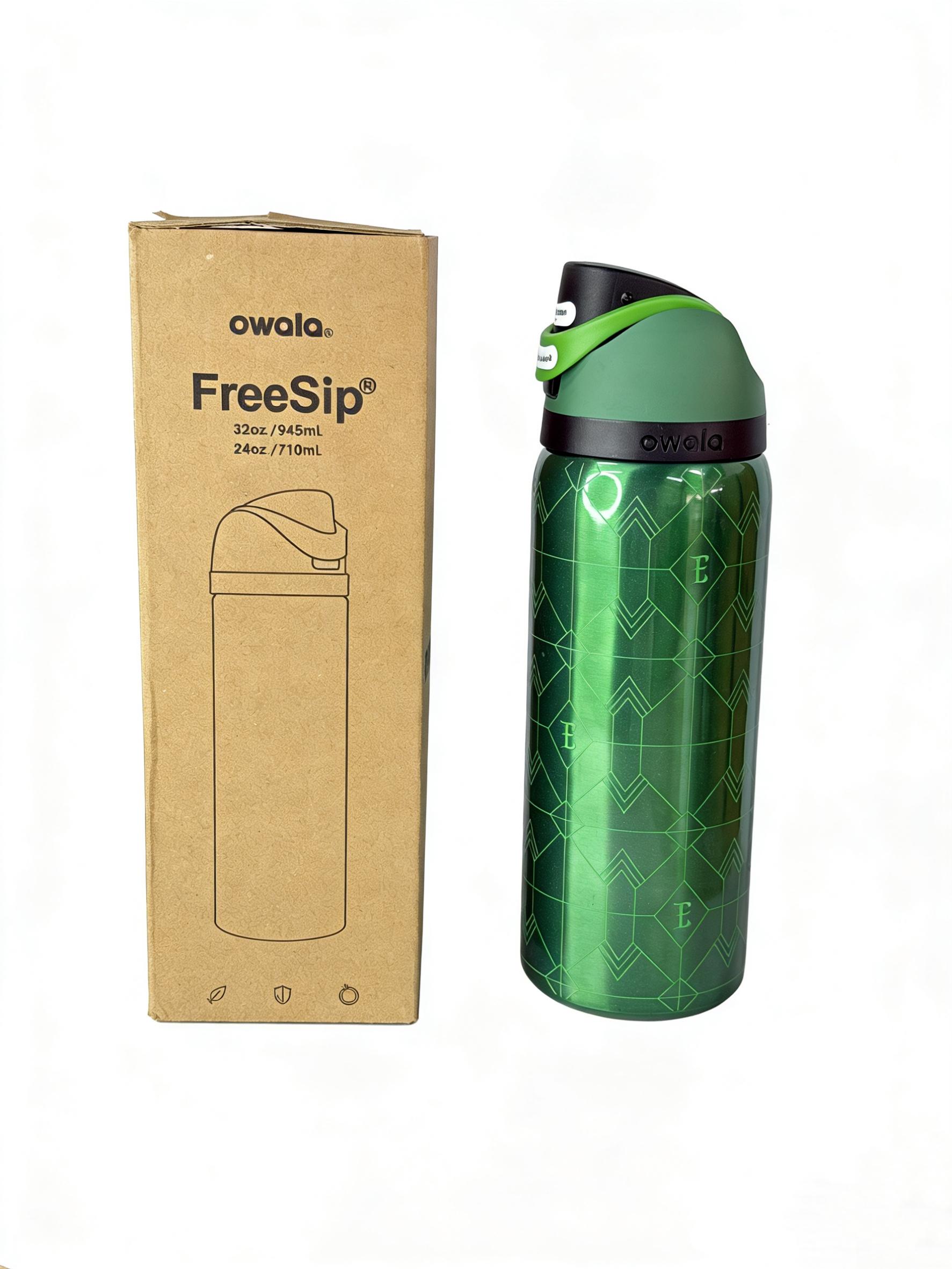 Owala 32oz Camping-Ready Insulated Water Bottle 24hrCold Leak-Proof Green Stainless Steel Flask with Stylish Geometric Design Portable Lid Tumbler Drinkware Mug