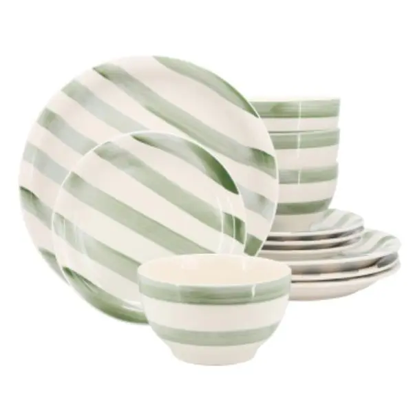 Gibson Home Kenwood Shores 12-Piece Rustic Glossy Round Green Stripe Dinnerware Set - Hand Painted, Microwave Safe, Casual Dining Tableware (Rustic Charm, Stripe Dinner Sets, Model 148491.12)