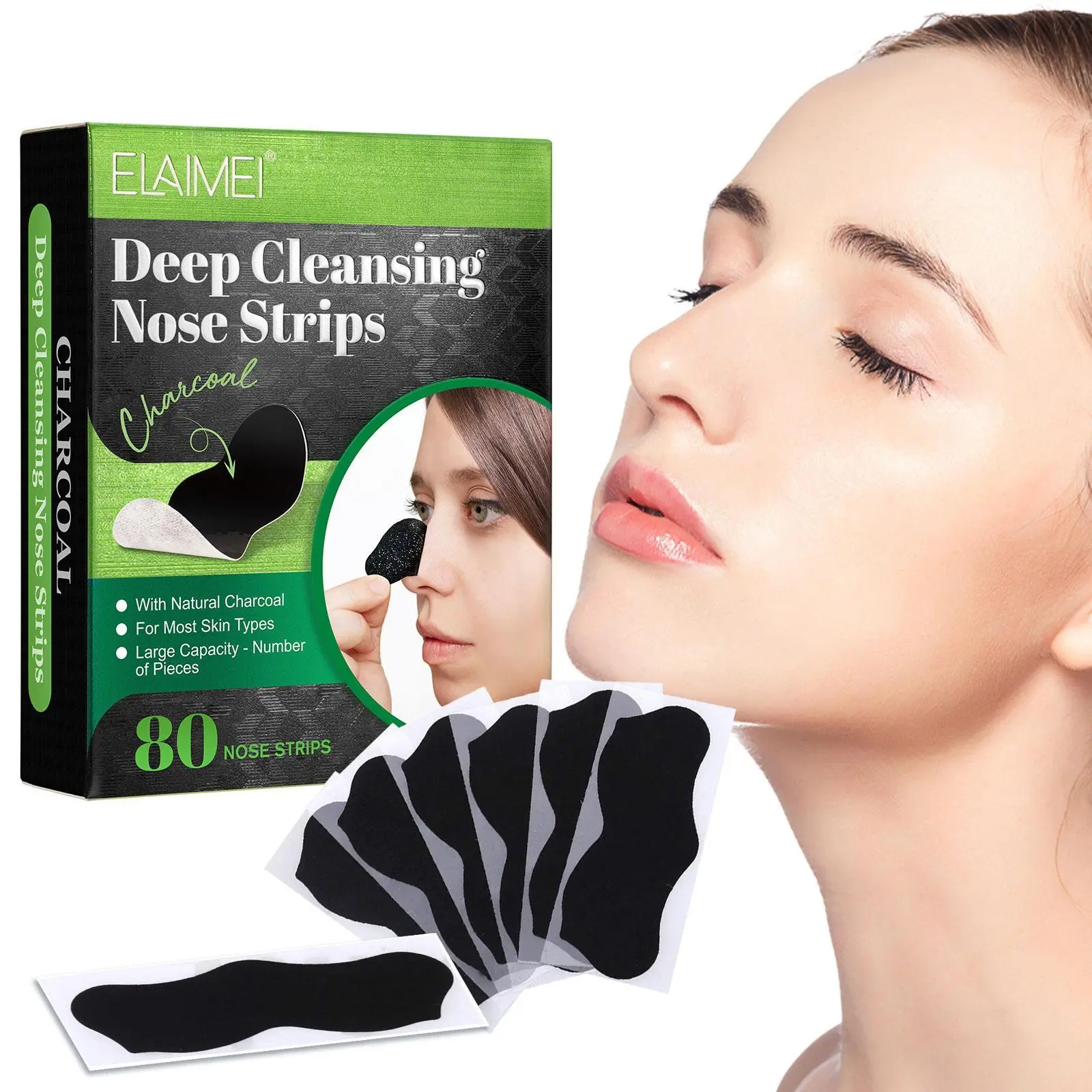 80 sheets, ELAIMEI blackhead nose strips, blackhead pore strips, absorb oil and dirt, unclog pores, charcoal black nose strips, holiday gift, Nasal Patch, Nose Strips For Pores