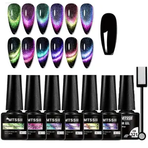 9D Cat Eye Gel Nail Polish Set, 6 Counts Glitter Soak Off UV LED Gel Nail Varnish & 1 Count Base Gel & 1 Count Magnetic Stick, Diy French Manicure, DIY Nail Art Supplies for Women
