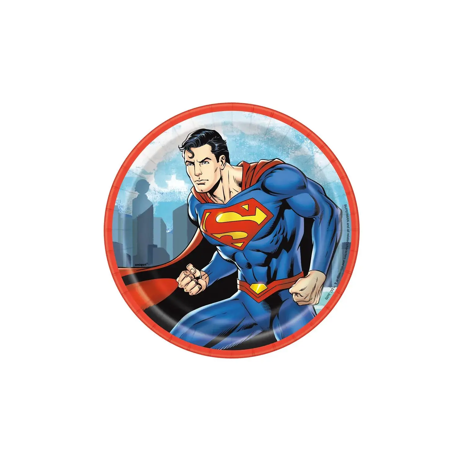 DC Comics Superman Disposable Paper Dessert Plates - 7 in, 8 Count, for Food Service, Happy Birthday & Birthday Bash, with Metropolis Skyline Design
