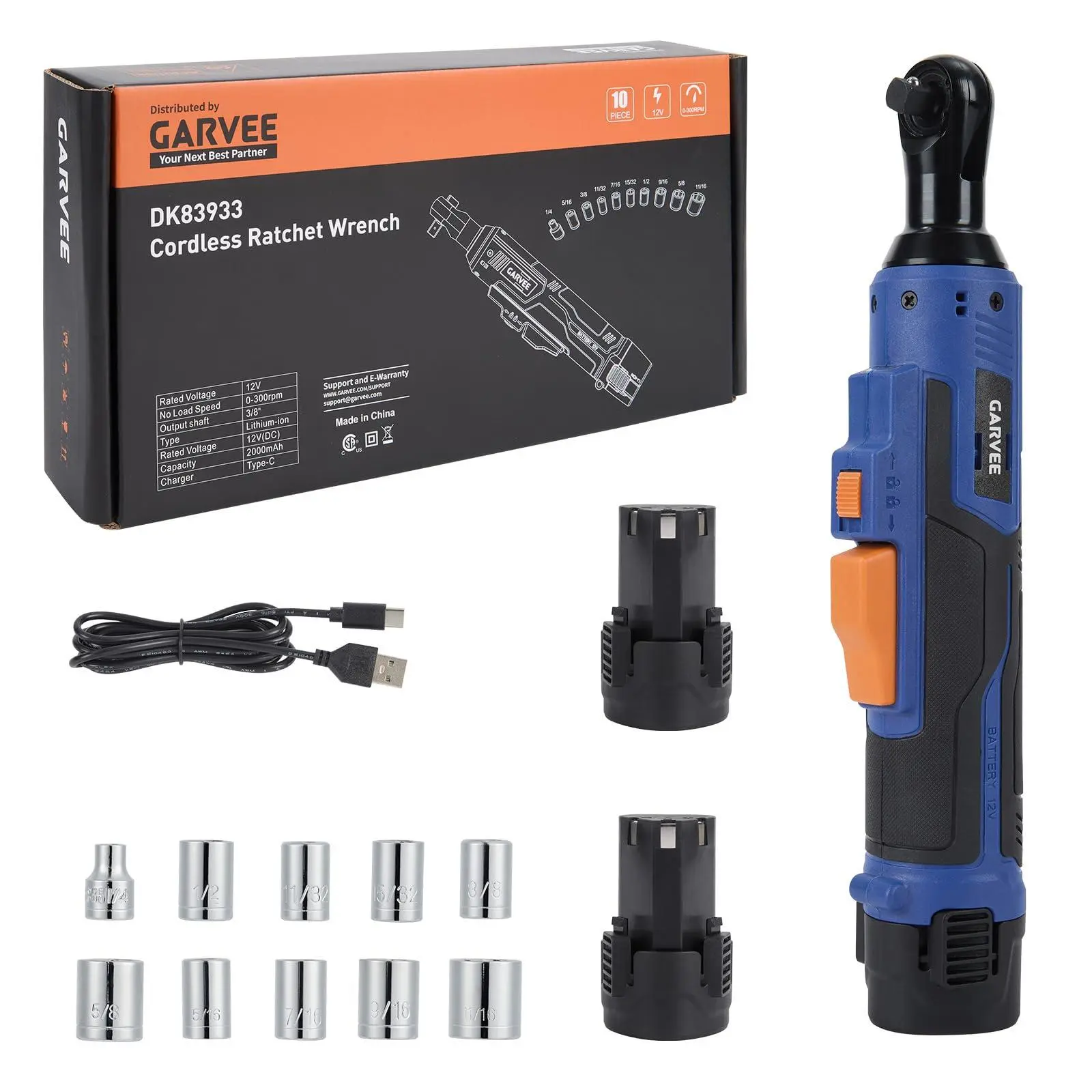 3/8" Cordless Ratchet Wrench Set, 45Nm High Torque Electric Ratchet with 300RPM Variable Speed, Data Cable, 21V Max & 2×2.0Ah Batteries, 10 Sockets, LED Work Light
