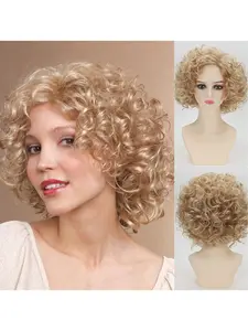 Women's Style Wig, Synthetic Curly Wigs, Fashionable Golden Color Small Curly Short Hair, Fiber Headpiece, Stylish and Elegant