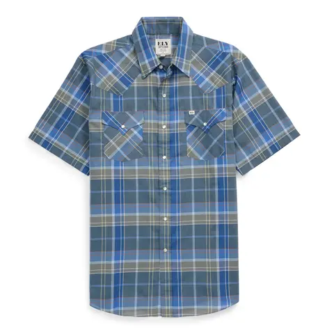 Men's Traditional Ely Cattleman Short Sleeve Navy Plaid Western Snap Shirt - Cotton Fabric, Functional Chest-Pocket Ease, Warmer Feature, Snap Buttons, Ruffled Cowboy Aesthetic Top for Country Concert, Work