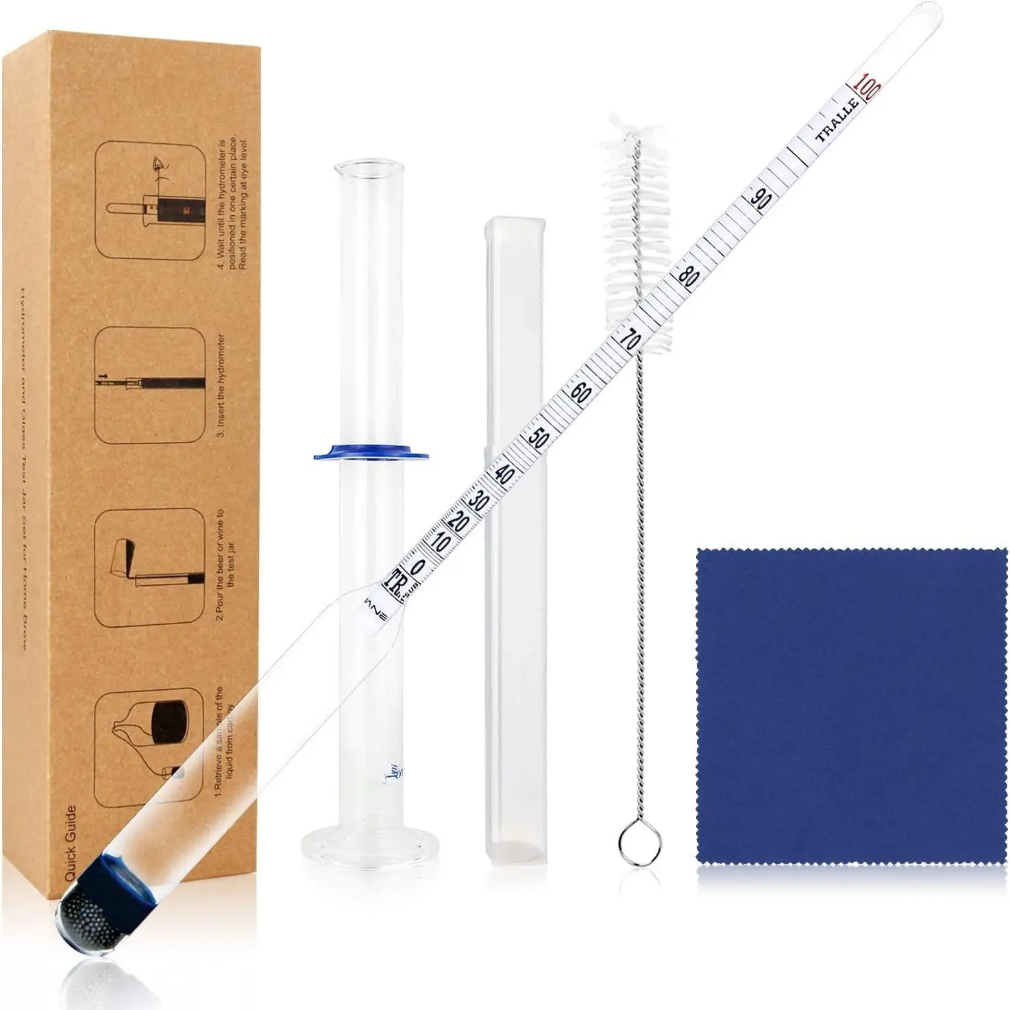 0-200 Proof & Tralle Hydrometer Kit with Glass Test Jar, Stainless Steel Accurate Beverage Tester & Glass Cylinder for Distilling Moonshine, Bar & Kitchen Utensils Alcoholmeter Scale Set