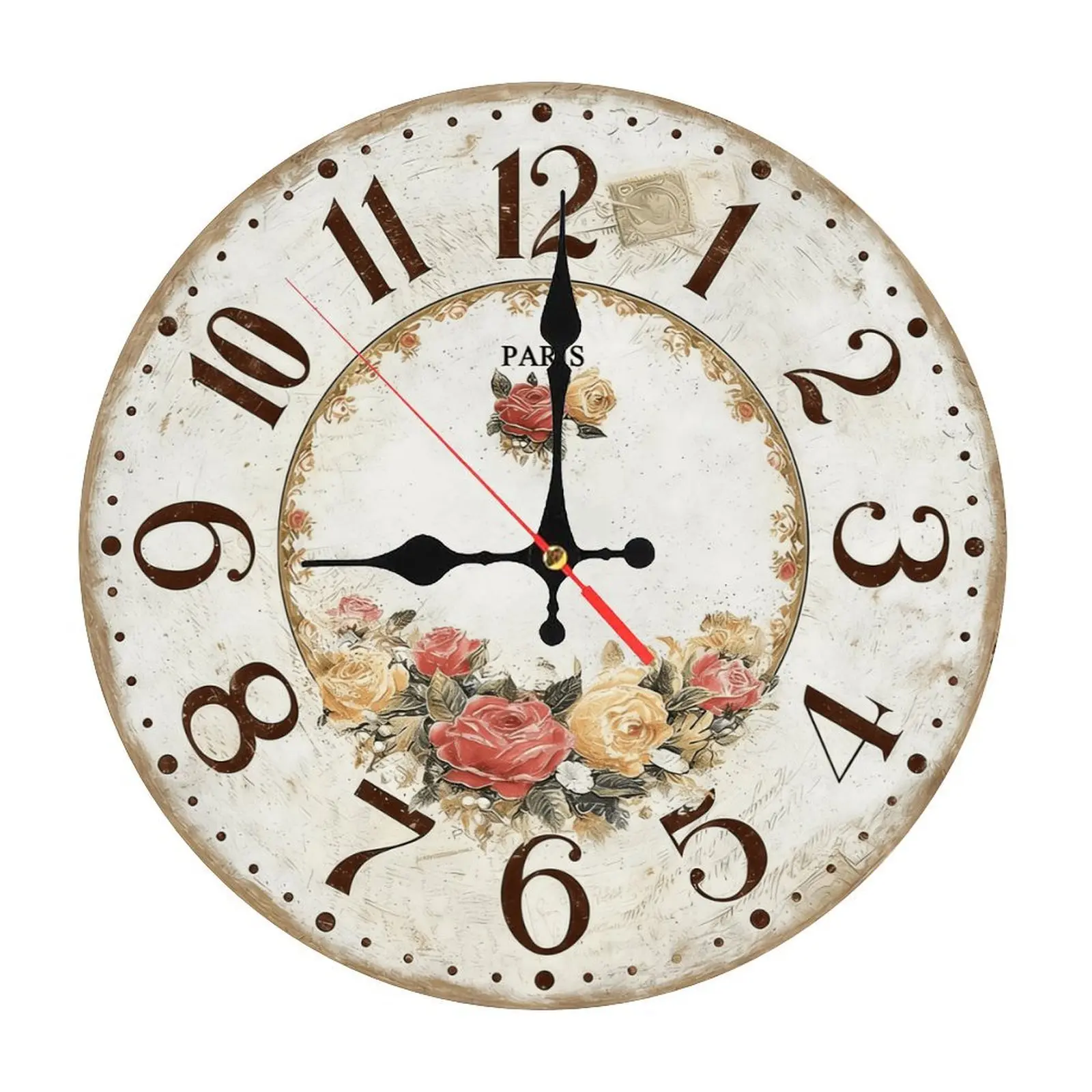 Vintage Paris Rose Print Round Wooden Hanging Clock - 10/12 in, Silent Sweep Movement, Shabby Chic French Country Decor, Quiet Wall Clocks for Romance, Casual Time Home Accent, No Battery Included, Ideal for Living Room, Bedroom, Rustic Wall Clocks
