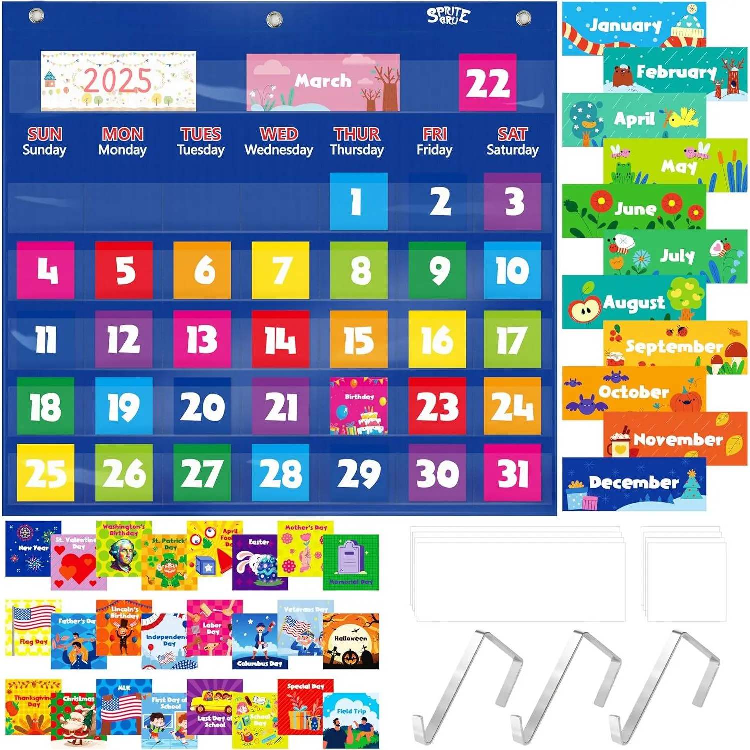 Calendar Pocket Chart, Classroom Monthly Pocket Chart with 76 Cards (68 Illustrated Activity Cards, 8 Dry Erase Blank Cards) plus 3 Over Door Metal Hangers for Classroom   (20" x 19")