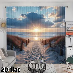 2D Flat 2Pcs Coastal Beach Path Sunset Print Curtains Home Decoration Curtain Rod Pocket Design Semi Sheer Polyester Modern Seaside Landscape Pattern Home Decor for Living Room Bedroom Kitchen Balcony Study Window Treatment Privacy Protection