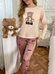Women's Casual Letter Print Pajama Set, Cute Cartoon Bear Long Sleeve Top and Pants, Round Neck Comfortable Loose Homewear Loungewear Nightwear