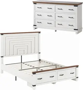 VanAcc 2 Pieces Farmhouse Bedroom Set, Includes Wood Rustic Bed Frame with 54" Tall Headboard, 6 Drawers Large Dresser Chest, Heavy Duty Thick Plank Styling, Antique White