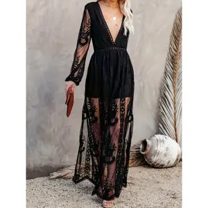 Women's Casual Boho Floral Deep V-Neck Lace Romper Long Sleeve Embroidery Cocktail Maxi Dress Lace Plunge A-line Vacation Split Hem Dresses Bridesmaid Wedding Evening Party Fall Autumn/Winter Christmas Costumes Minimalist Short Basic Comfort Womenswear