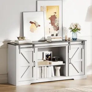 Gaomon Farmhouse TV Stand, 66in x 32in Tall Media Console Table with 4 Drawers, Sliding Barn Door, Adjustable Shelves, Fits Up to 70in TVs, Living Room Entertainment Center - White/Black