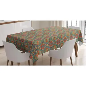Turquoise Tablecloth, Indigenous Art Drawing Folk Tile Tribal, Rectangular Table Cover for Dining Room Kitchen Decor, 60" X 90", Turquoise and Orange