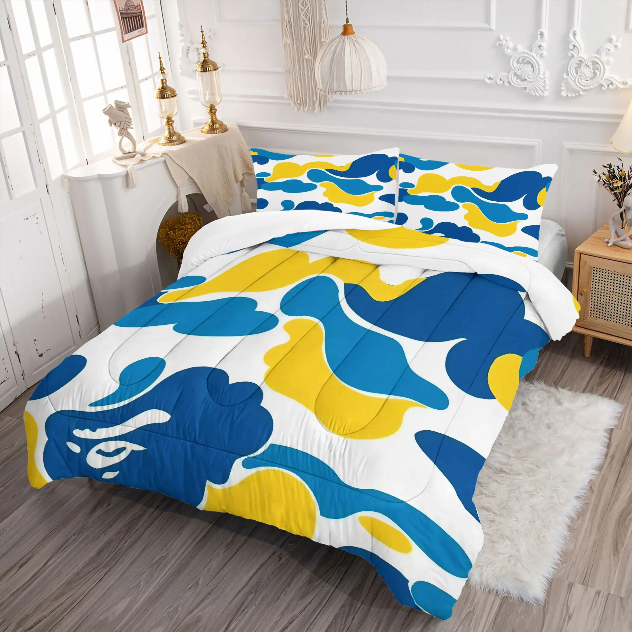 2/3Pcs Abstract Cloud Print Comforter Set, Vibrant Blue and Yellow Bedding Set, Modern Minimalist Design, Seamless Digital Print for Whimsical Bedroom Decor, Soft and Comfortable for Every Season, Pillowcase No Filler