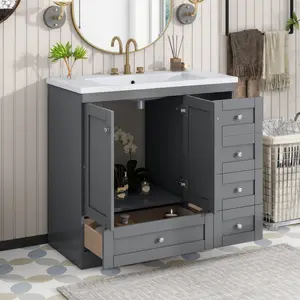 [Video]36 inch Shaker Style Free-Standing Bathroom Vanity Cabinet with Sink, 4 Soft-close Drawers and 2 Soft-close doors   WL