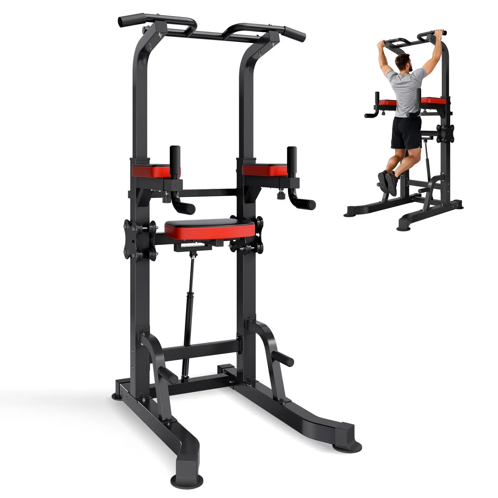 Pull Up Bar, 330 LBS Power Tower Dip Station, Workout Dip Station With H-Shaped Stable Base & Assistance Platform, Adjustable 9-Level Height Pull-Up Stand For Back, 3-Level Adjustable Elbow Pads