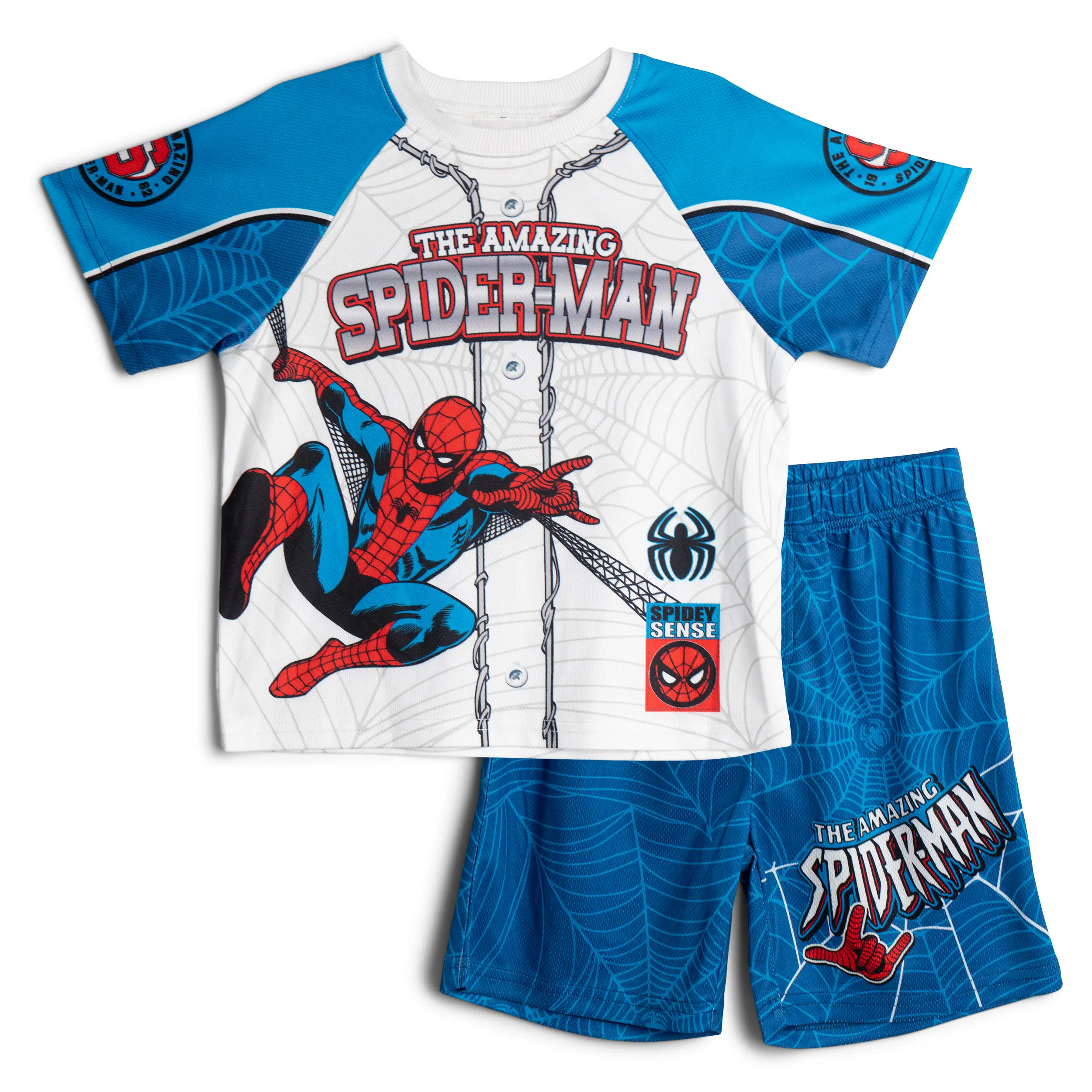 Marvel Spider-Man Boys' 2-Piece Active Graphic Print Set - Foil Graphic Mesh Fabric Short Sleeve Tops & Shorts, Cobalt Toddler to Big Kid Toddler Suit