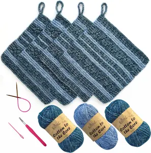 KnitPal Everyday Joy Dishcloth Knitting Kit | Make 4 Reusable Dishcloths | Cotton DK Yarn, Needles, Hook | Patterns & Video Guide | Confident Beginner (Jean Blue + Sky Blue)