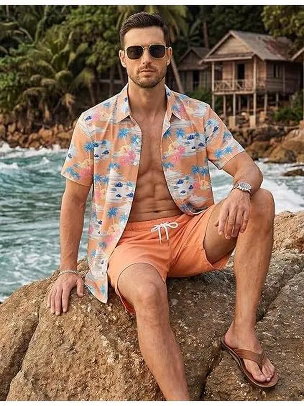Men's 2 Piece Hawaiian Outfit, Tropical Palm Tree Short Sleeve Button Down Shirt and Matching Shorts Set, Lightweight Breathable Quick Dry Beach Vacation Clothing for Cruise, Resort, Pool Party, Travel, Camping and Summer Wear 2XS-6XL