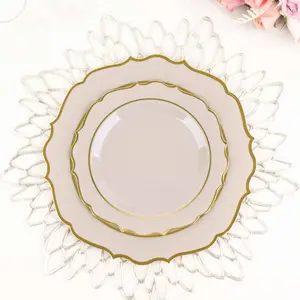 10-Pack Plastic Round Dessert Plates 8" Taupe with Gold Scalloped Rim - Disposable Appetizer/Salad Plates