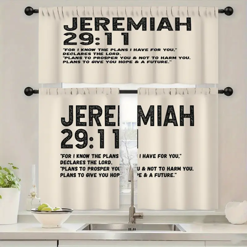 Jeremiah 29:11 Spiritual Message Bible Verse Pattern Curtain Set - High Ceiling Kitchen Textile, Kitchen Decor, Faith-Based Gift for Religious Believers