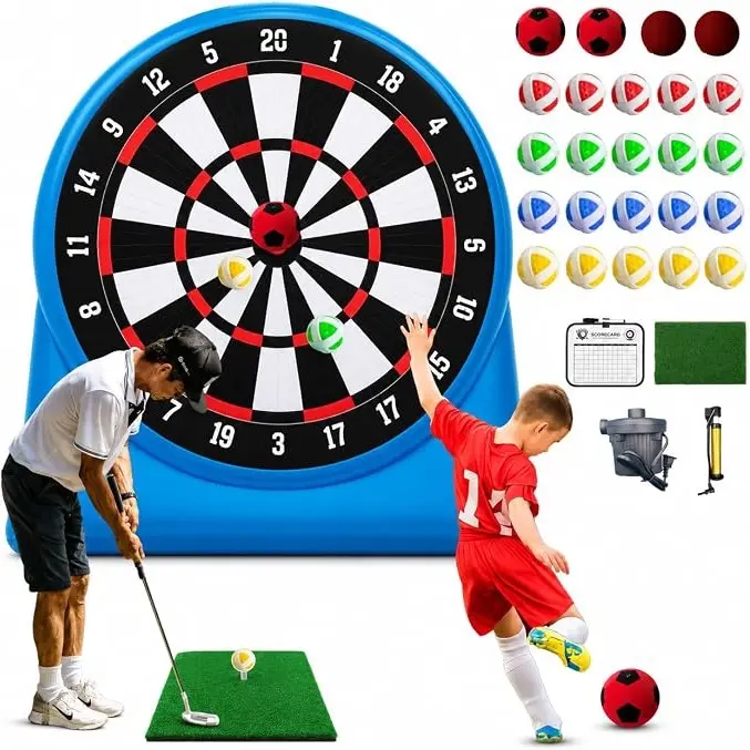 6FT Inflatable Dartboard with Air Pump, Giant Kick Darts Soccer Dartboard, Waterproof Outdoor Game, Golf & Sticky Ball Target Game with 20 Golf Balls, 4 Sticky Balls, 2 Soccer Balls, Kids & Adults