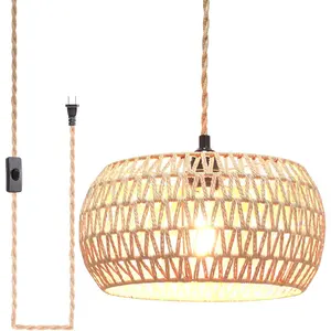 Plug-in Pendant Rattan Hanging Lamp with On/Off Switch Woven Rattan Shade Plug-in for Living Room Bedroom Farmhouse