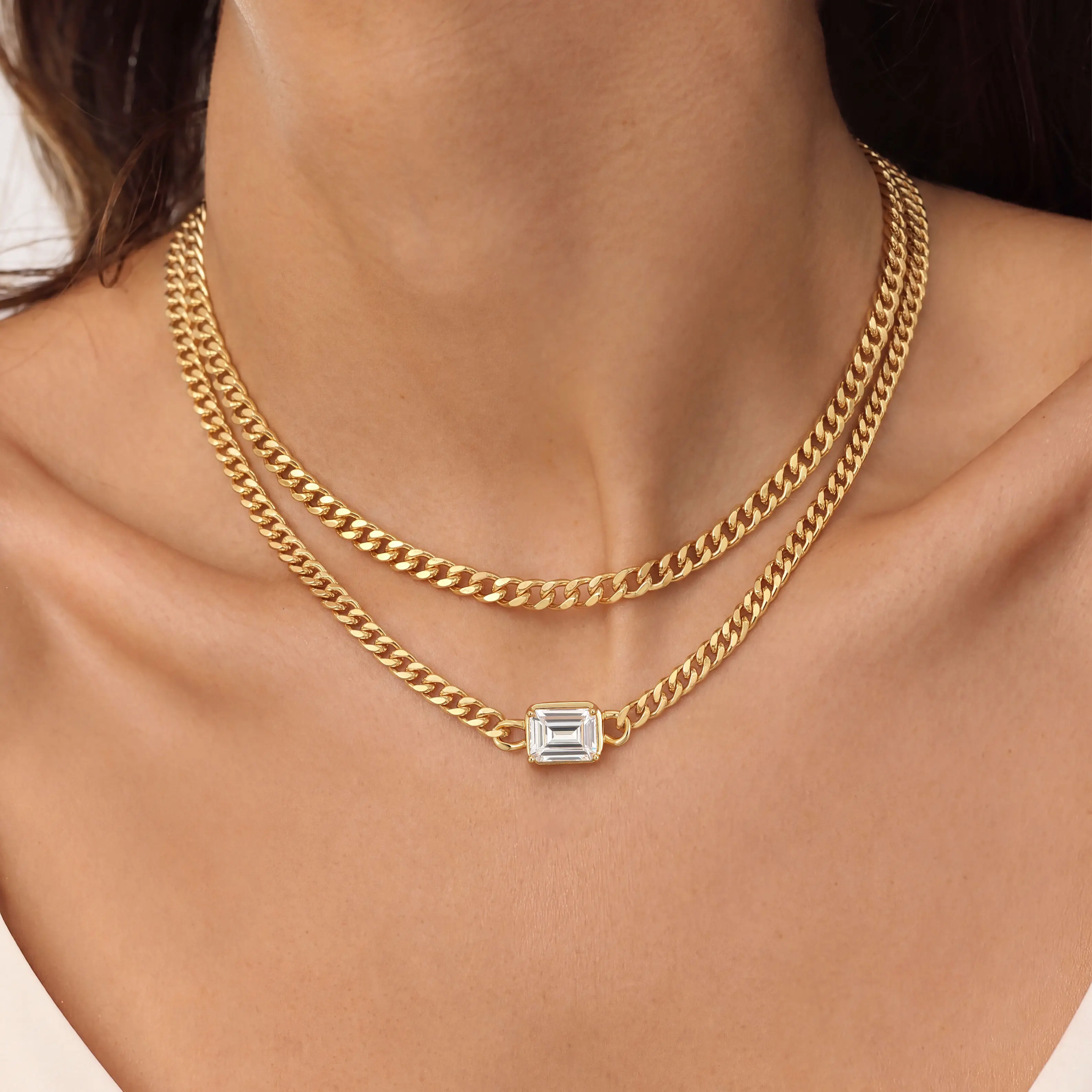 FREEKISS Gold Single Wire Cut Cubic Zirconia Pendant Necklace, Double Layer Necklace, Women's Fashion Necklace, Cuban Necklace, Square Zircon Necklace, Everyday Casual Match Suitable for Various Occasions summerwins