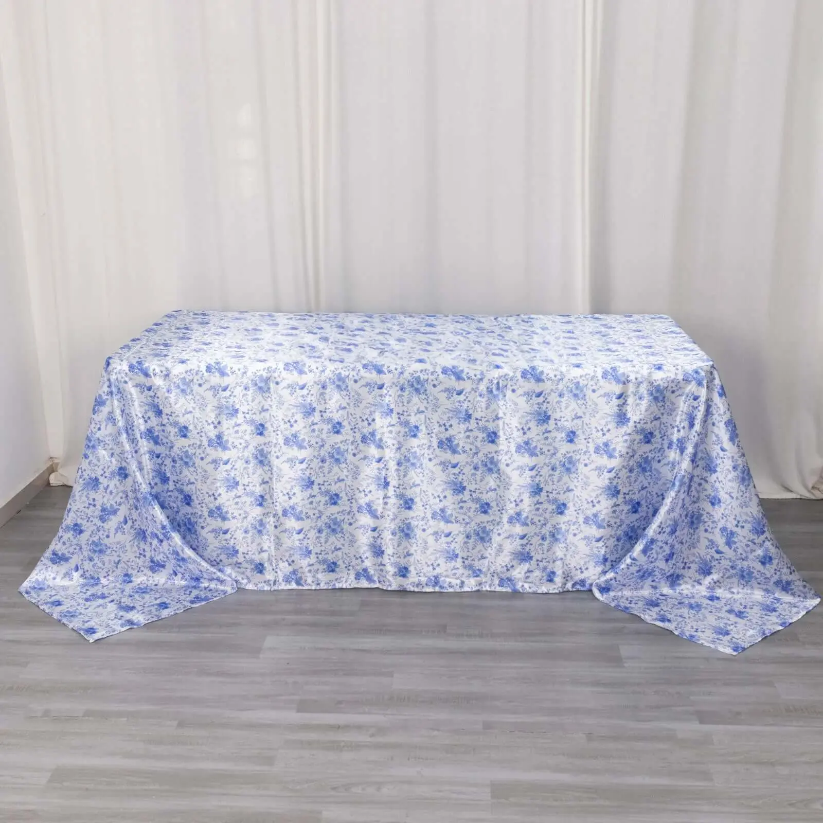 Satin Rectangular Tablecloth 90"x132" White/Blue French Toile Design - Seamless, Polished & Wrinkle-Resistant Table Cover