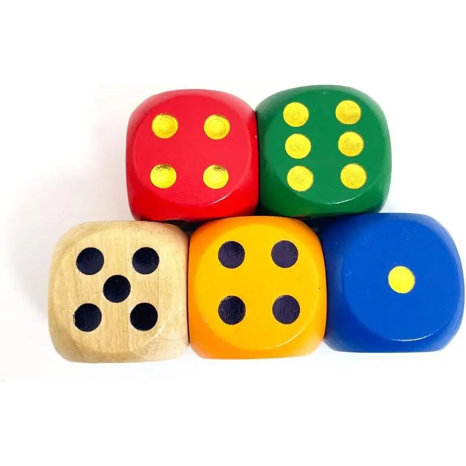 1 1/5" Round Edge Wooden Dice Set (5-Piece, Random 5 Colors with Dots, Large Size) for Home Supplies, Festive & Party Supplies, Party Bags & Gifts
