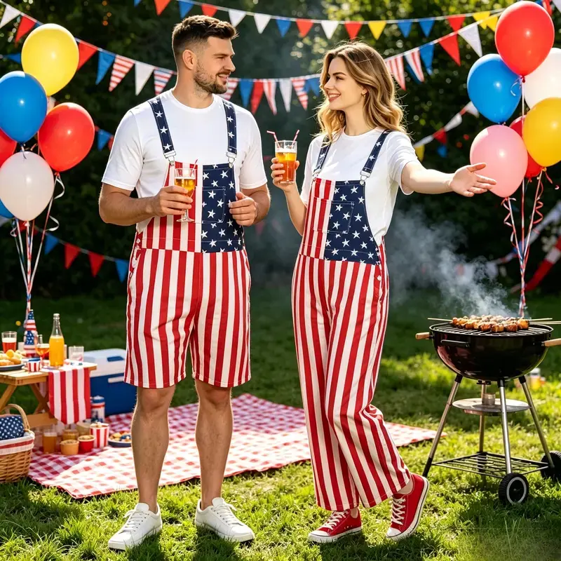 Unisex American Flag Overalls - Loose-Fitting Patriotic Print Short Bib Romper, 4th of July Outfit, Parade Attire for Sports & Outdoor Activities, Short/Long Rompers, Stars Stripes, Jumpsuits For Women, Outdoor Sports, Sleeveless, Stripe, Short Overalls