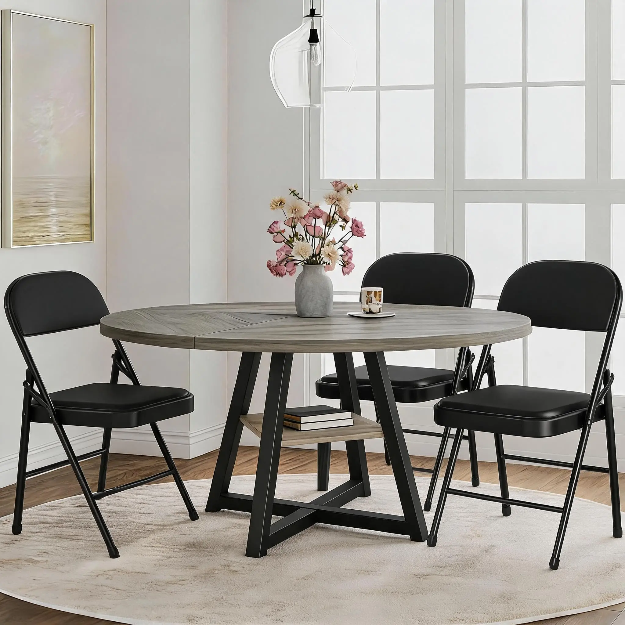 Garvee 47.24" Round Dining Table Set available in 3-piece and 5-piece configurations, featuring a versatile round table with folding chairs for space-saving and flexible dining arrangements.