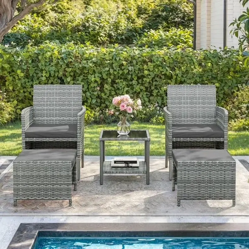 ELPOSUN 5-Piece Patio Furniture Set, Outdoor Patio Conversation Rattan Chair with Side Table & Storage Ottoman for Balcony, Porch, Deck, Poolside,Gray Rattan,Gray